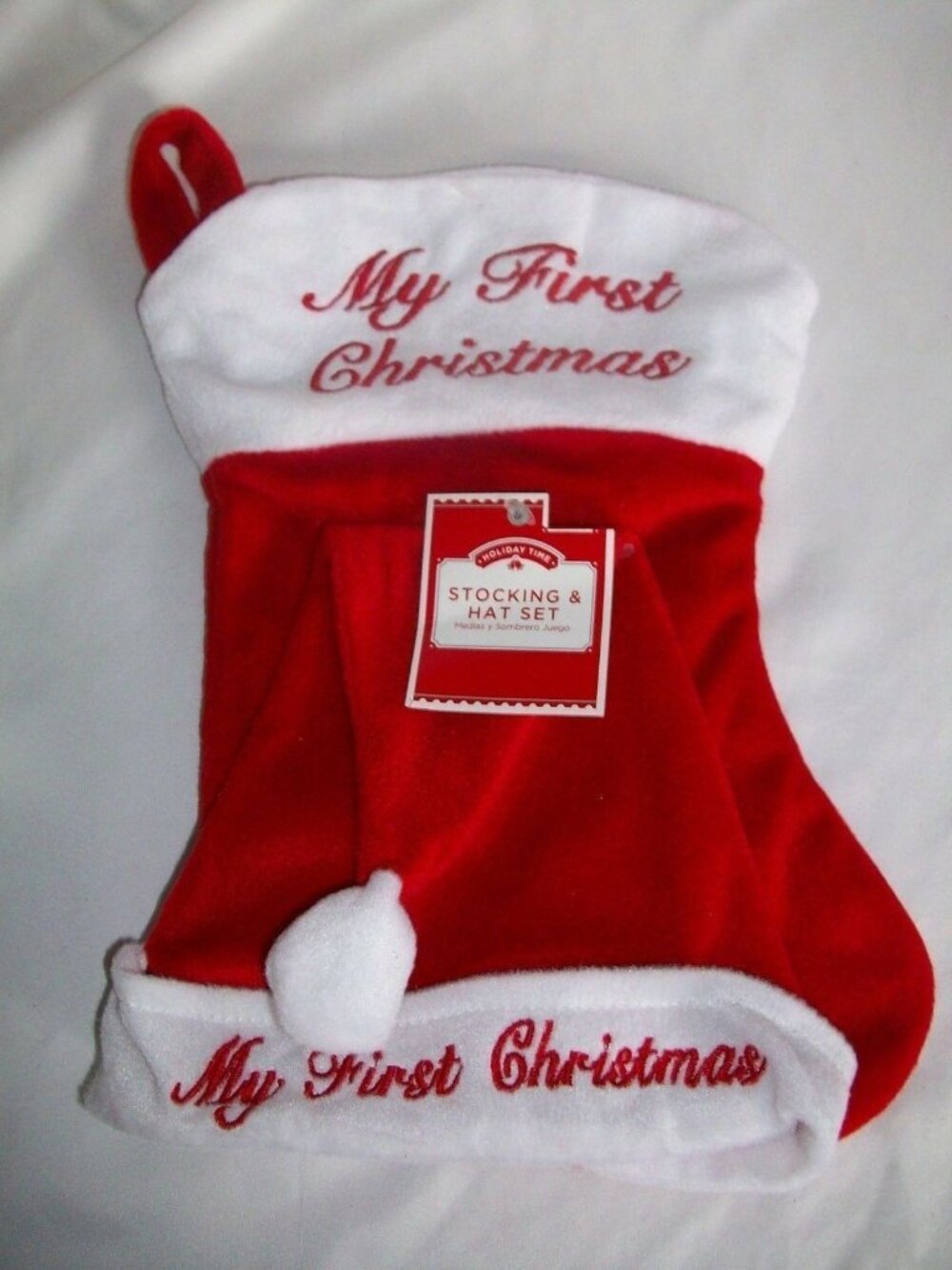Holiday Time My First Christmas Baby Stocking Hat Set Embroidered Red White